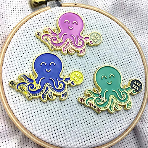 Green Stitching Octopus Holding Floss Hoop and Stork Scissors Enamel Needle Minder