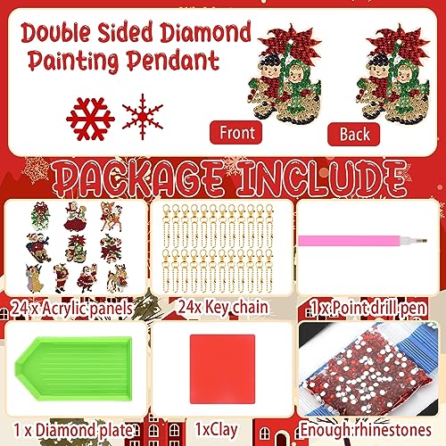 Outus 24 Pcs Christmas Diamond Art Ornaments 5d Hanging Painting Keychains