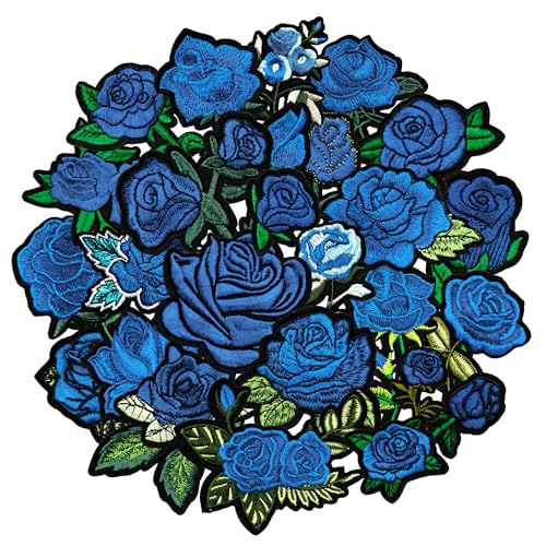 25PCS Blue Rose Iron on Patches, Embroidered Floral Applique Patches for Jackets, Jeans, Hats, Backpacks and Tote Bags - color: blue