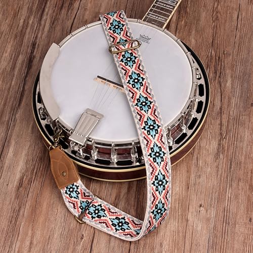 Nefelibata Banjo Strap,2"Wide Double Crazy Horse Leather Jacquard Embroidery Strap Adjustable Replacement,Multi-pattern Strap With Metal Clips - color: A#-white Embroidery