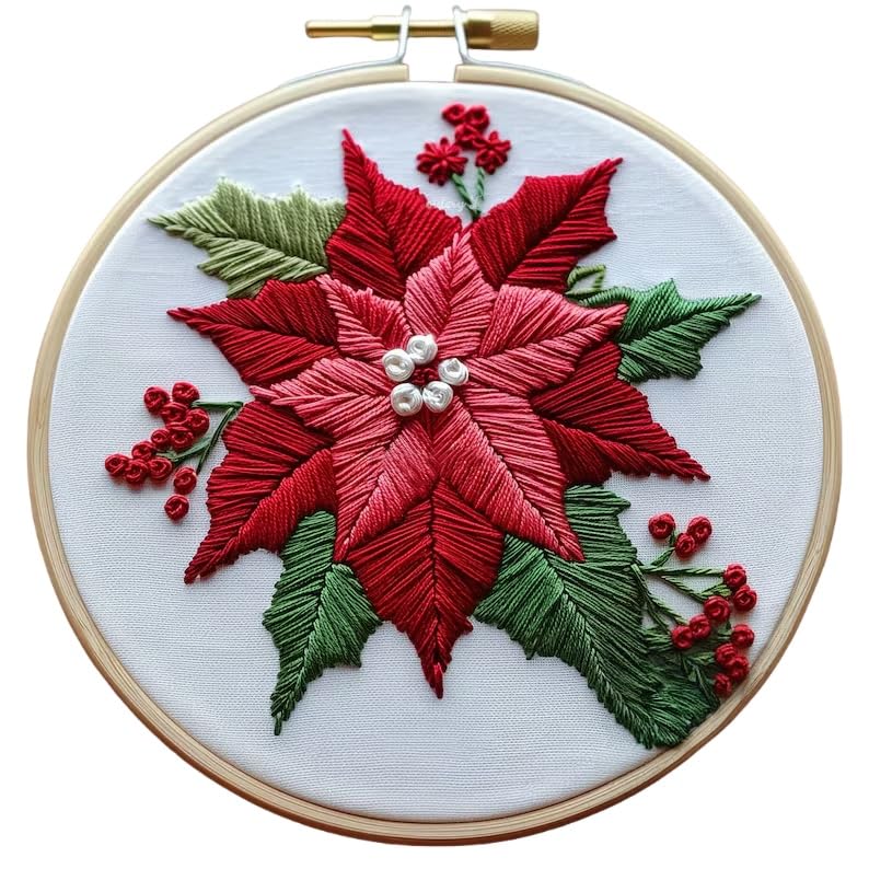 Christmas Embroidery Kit DIY Hand Embroidery Starter Cross Stitch Kits, Christmas Ornaments Embroidery with Stamped Pattern,Cotton,Threads,Needles,Instructions for Adults Beginners (Poinsettia) - color: Poinsettia