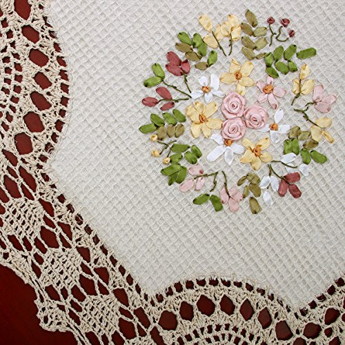 Grelucgo Small Handmade Crochet Cotton Lace Table Runner Dresser Scarf, Ribbon Embroidery (Rectangle 16 x 36 inch) - size: rectangle 16 x 36 inch