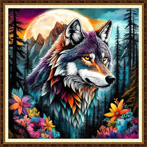 Redxing Counted Cross Stitch Kit for Beginners,Unprinted Needlepoint Kits for Beginners Cross Stitching Embroidery Kit 11CT Stitches kit-Forest Wolf King 18x18 inch - color: KitColors05