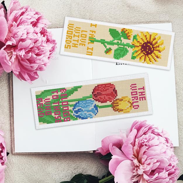 INFUNLY 6pcs Flower and Reading Words Cross Stitch Bookmark Kit for Beginners DIY Rose Tulip Lily Stamped Embroidery Bookmark Kits Plants Words Needlepoint Kit with Instruction for Book Lovers Readers - style: Floral Text