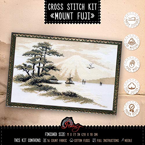 Povitrulya Counted Cross Stitch Kit 'Mount Fuji' - 11"x7.1", Aida Cloth 16 Count - Landscape of Fuji Mountain, Japan - size: Mount Fuji - 11" х 7,1" (28 х 18 cm)