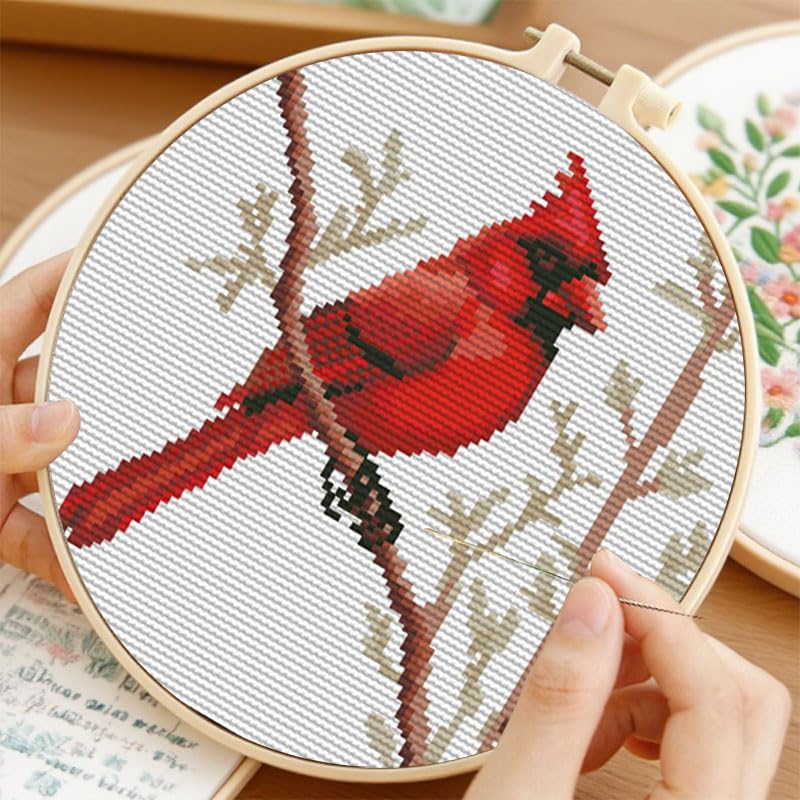 Cartoon Simple Red Cardinal on Branch DIY Stamped Cross Stitch Kits Easy for Beginners and Children with Hoop 11CT Needlepoint Counted Embroidery Kits Art Craft Wall Decoration 12x12inch(2)