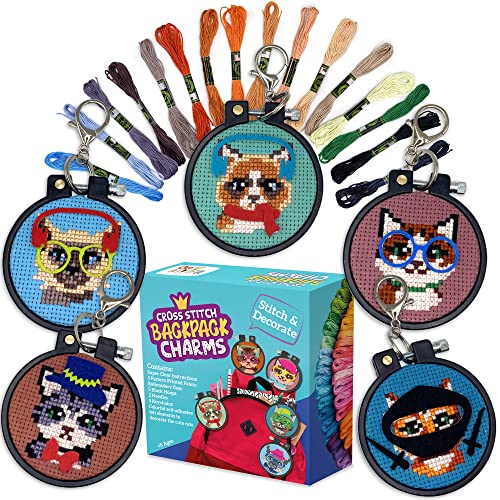Cats Cross Stitch Kits for Kids - 5 Stamped Beginner Needlepoint Sets - color: Cats