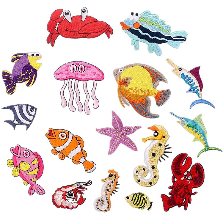16pcs Sea Animal Iron/Sew on Patches, Cute Fish Embroidered Applique, Ocean Beach Decration for Clothes, Hat, Bag, Jeans, Dress, Shirt - color: 16pcs Sea Animal