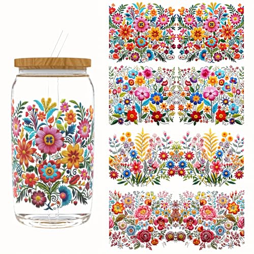 4pcs Mexican Floral Floral Leaf UV DTF Cup Wraps Transfer Waterproof Sticker for Glass Cups Furniture Craft DIY Crafts，Rub on Transfer Stickers for DIY Water Bottle Laptop Decal Wood Car