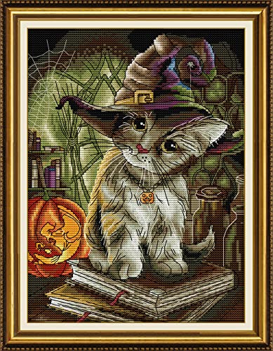 Funcrostitch Counted Cross Stitch Kits for Beginners,14ct Unprinted Pattern Embroidery Kit Dmc Cotton Threads Needleworks for Adults-Cat Magician 9.8"×12.6" - color: 04.14CT Counted Kit,Cat magician 9.8"×12.6"