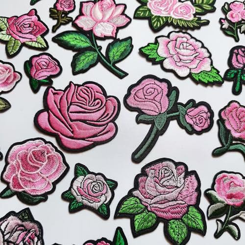 25pcs Rose Iron on Patches, Assorted Sizes Pink Floral Embroidered Patches Applique for Clothes Hats Jeans Jacket - color: Pink Rose