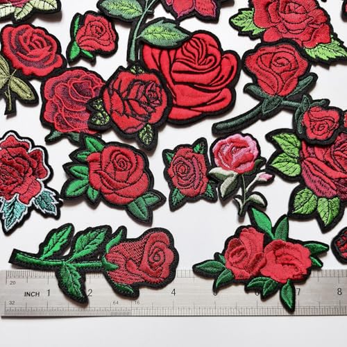 25pcs Rose Iron on Patches, Assorted Sizes Red Floral Embroidered Patches Applique for Clothes Hats Jeans Jacket - color: Red Rose