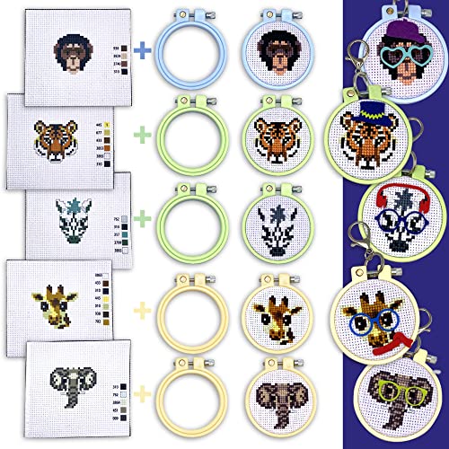 Safari Cross Stitch Kits for Kids - 5 Stamped Beginner Needlepoint Sets - color: Wild Animals