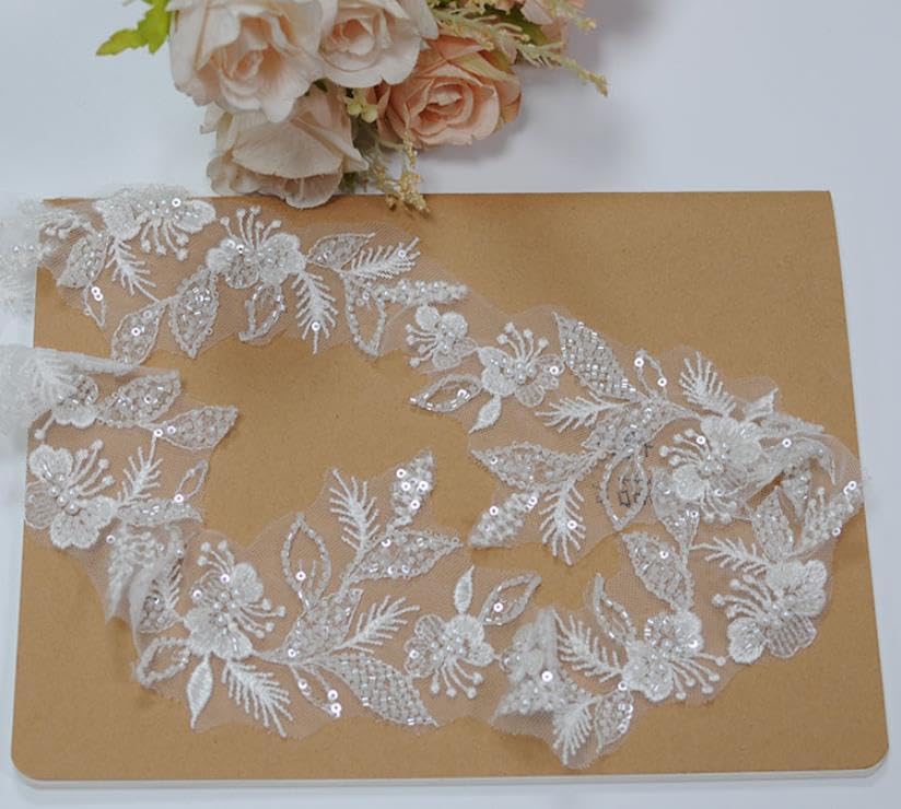 2yard lace Trim Ivory Sequins Beaded Flower Embroidery Appliques - color: SPXB-P3403A-2yR18