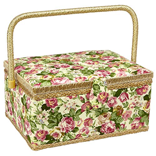 Sewing Basket with Rose Floral Print Design- Sewing Kit Storage Box with Removable Tray, Built-In Pin Cushion and Interior Pocket - Large - 12" x 9" x 6" - by Adolfo Design - color: Rose, size: Large - 12" x 9" x 6"