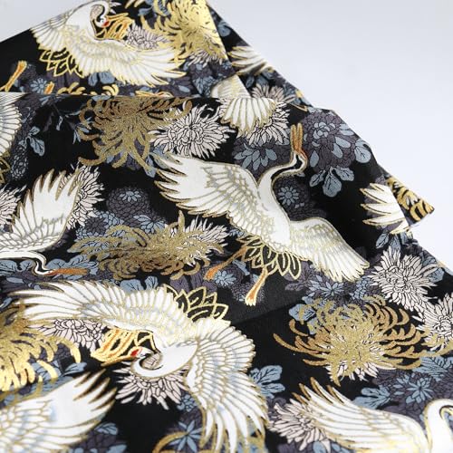 White Crane Fabric,160 GSM Japanese Black Cotton Fabric Gold Hot Stamping,59 Inches Wide for Sewing Clothing Bag Tablecloth Sofa Pillow DIY Craft (Cut by The Yard) - color: White Crane, size: 1 yard