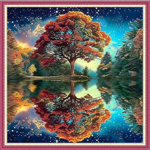 Dooxvey Counted Cross Stitch Kits for Adults 11CT Printed Cross-Stitch Patterns Cross Stitching Embroidery Kit Stamped or Counted Needlepoint Kits-Magic Tree 18×18 inch - color: ColorDIY16