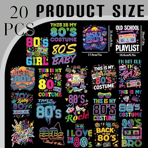 Dazoratix DTF Transfers Ready to Press - 20 Sheets Back to 80s Iron on Patches for Women T Shirts Retro Neon Vintage 90s Disco Heat Stickers Vinyl Decals for Clothes Costume Party DIY Craft Decoration - style: Back to 80s