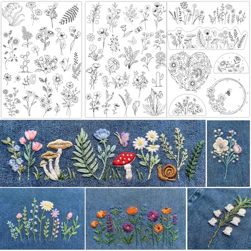ZQmino 3 Sheets Stick & Stitch Water Soluble Floral Embroidery Patterns