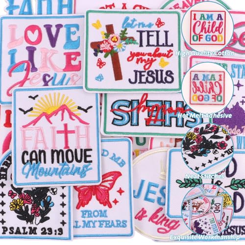 20Pcs Christian Iron on Patches for Clothes, Religious Jesus Bible Embroidered Applique, Christian Quotes Sew on Badge for Trucker Hat Backpack Jeans DIY Accessory - color: 20Pcs Christian