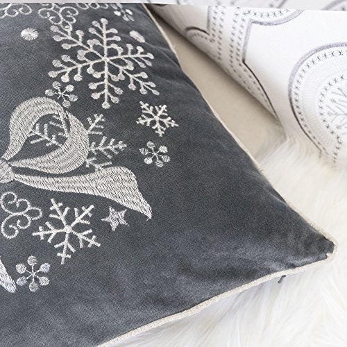 Embroidery Gray Velvet Throw Pillow Cover, Merry Christmas Series Snowflake Floral Wreath Luxury Soft Fuzzy Cozy Warm Slik Gift Square Couch Cushion Pillow Case 20 x 20 Inch, Cover Only - color: Snowflake Wreath