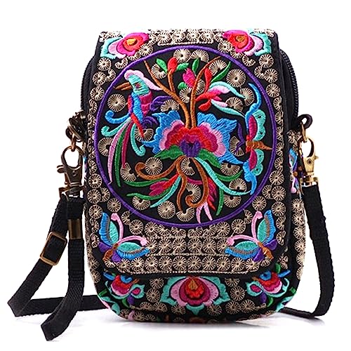 Embroidery Flowers Canvas Crossbody Bag, Women Messenger Bag, Cellphone Pouch Purse - color: Red