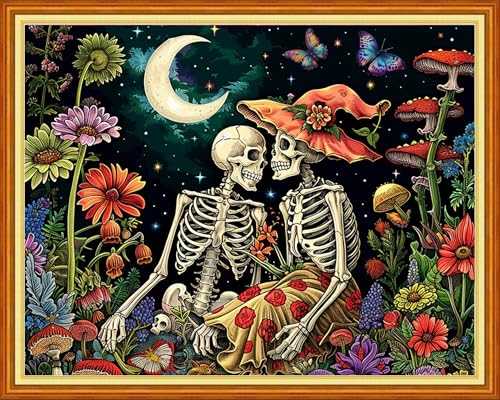 Redxing Stamped Cross Stitch Kits - Beach Night Landscape Counted Cross Stitch Kits for Beginners Adults Needlepoint Cross-Stitch Patterns-Skeleton Couple 16x20 inchs - color: ArtsKit14