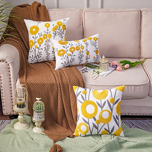 ARTMAGIC Yellow Lumbar Pillow Cover Embroidered Boho Flower Cushion Covers - color: Yellow 01, size: 20" x 12" (Pack of 1)