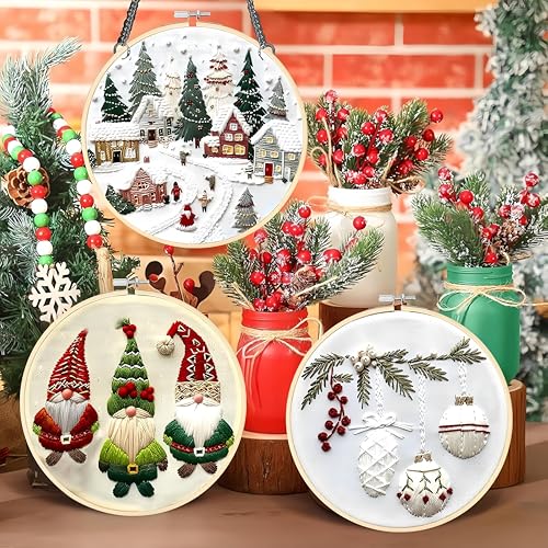 Christmas Embroidery Kit DIY Hand Embroidery Starter Cross Stitch Kits, Christmas Ornaments Embroidery with Stamped Pattern,Cotton,Threads,Needles,Instructions for Adults Beginners (Holiday Village) - color: Holiday Village