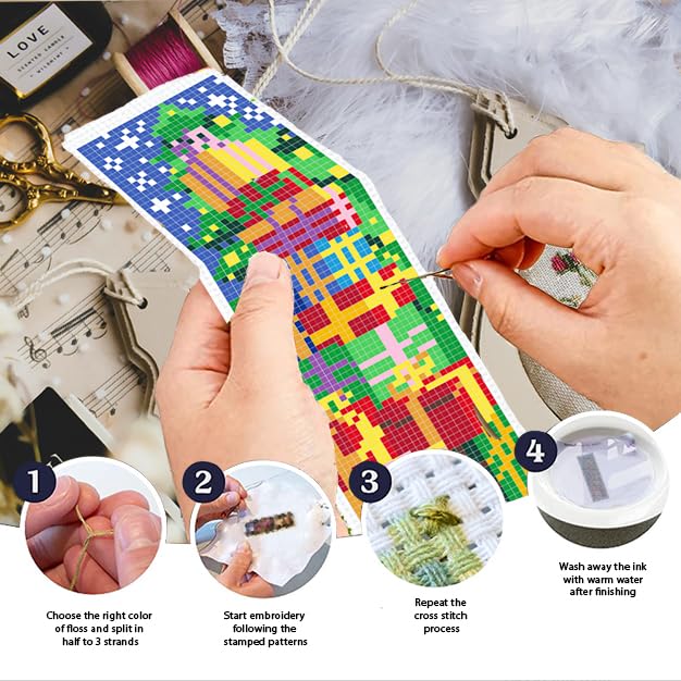 INFUNLY 6PCS Christmas Cross Stitch Bookmark Kit for Adults Xmas Tree Cross Stitch Kits DIY Crossstitch Kits Snowman Deer Stamped Embroidery Bookmark Kit with Instructions for Book Lovers Readers - style: Christmas Elements