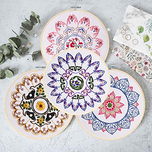 KISSBUTY Full Range of Embroidery Starter Kit with Pattern, Cross Stitch Kit Including Embroidery Fabricwith Floral Pattern, Bamboo Embroidery Hoop, Color Threads and Tools Kit (Blue Mandala)