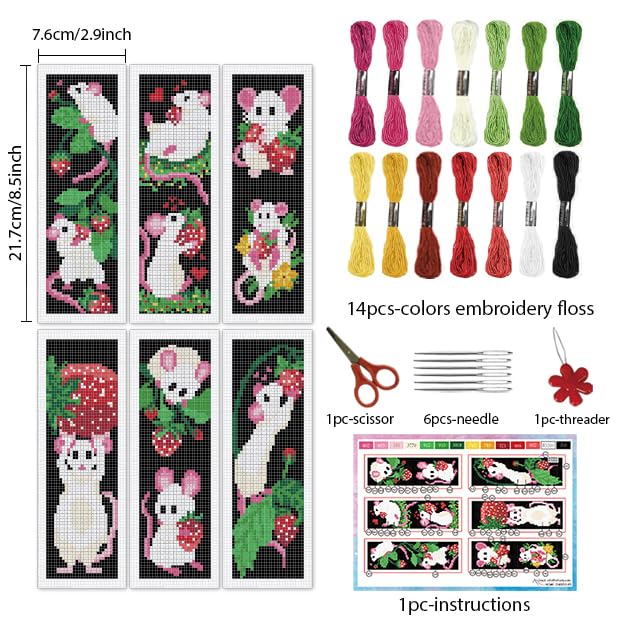 INFUNLY 6 Set White Mouse DIY Cross Stitch Bookmark Kits for Beginners Strawberry Counted Cross Stitch Kit with Instruction Cute Mice Fruit Embroidery Bookmark Kit for Book Lovers Readers Gift - style: Mice and Strawberries