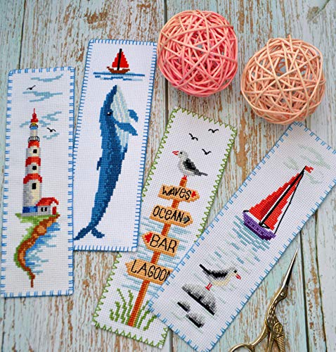Povitrulya Beach Signs Cross Stitch Bookmark - Coastal Wood Signs Embroidery Set with Paper Pattern, 16 Count Aida Cloth and Pre-Sorted Floss - color: Beach Signs