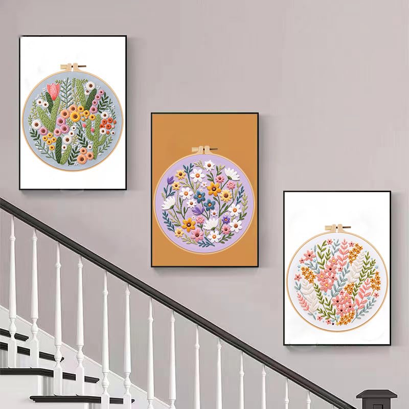 Konrisa Blossoms Embroidery Kit for Adults Beginners, Floral Stamped Embroidery Starter Kit DIY Sewing Practice, Needlepoint Cross Stitch Set of 3 - color: flowers03