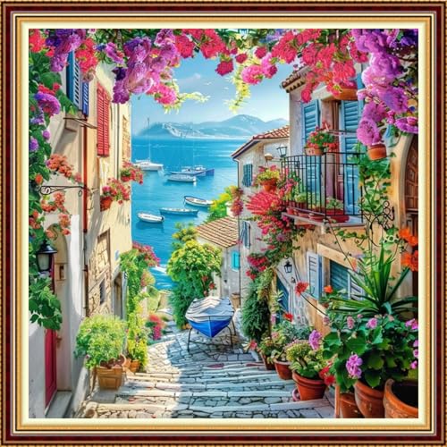 Fanxvivy Stamped Counted Cross Stitch Kits for Adults Printed Cross-Stitch Patterns 11CT Stamped or Counted Cross Stitching Embroidery Kit Needlepoint Kits-Seaside Street View 18x18 inch - color: Artkits04