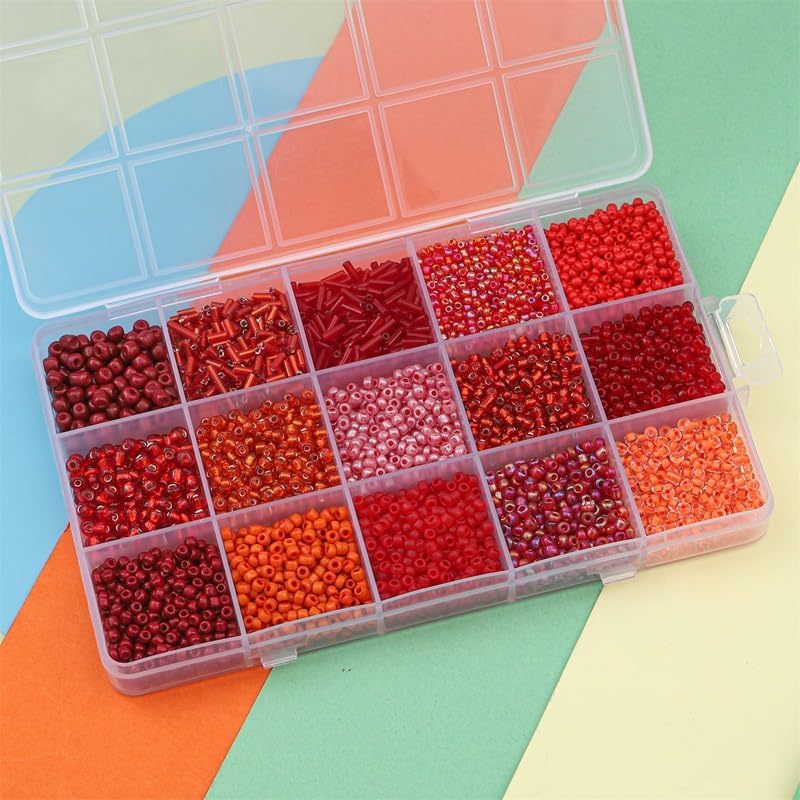 15 Grid Red Glass Seed Bugle & Tube Beads Kit for Jewelry Making DIY Craft - color: Red, size: 15 Grid
