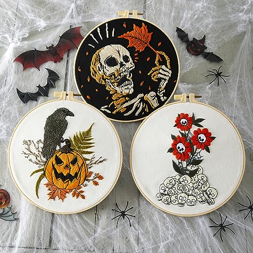 Gothic Halloween Embroidery Starter Kit for Beginners Adults, Stamped Cross Stitch Kit Needlepoint Kit for Beginner Adult, 3 Embroidery Hoop 3 Set Embroidery Supplies (Attached Teaching Video QR Code) - color: White