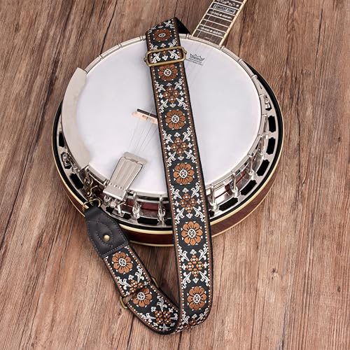 Nefelibata Banjo Strap,2"Wide Double Crazy Horse Leather Jacquard Embroidery Strap Adjustable Replacement,Multi-pattern Strap With Metal Clips - color: A#-black Leather Embroidery