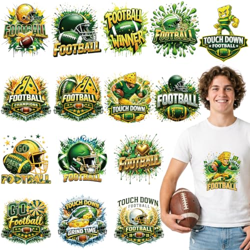 Dazoratix Green Football Iron on Transfers - 16 Sheets Sport DTF Ready to Press Bulk Heat Patches Sticker Rugby Ball Lovers Vinyl Decal for T Shirts Clothes Pillow Bag Hoodies DIY Crafts Decorations - style: Green Football
