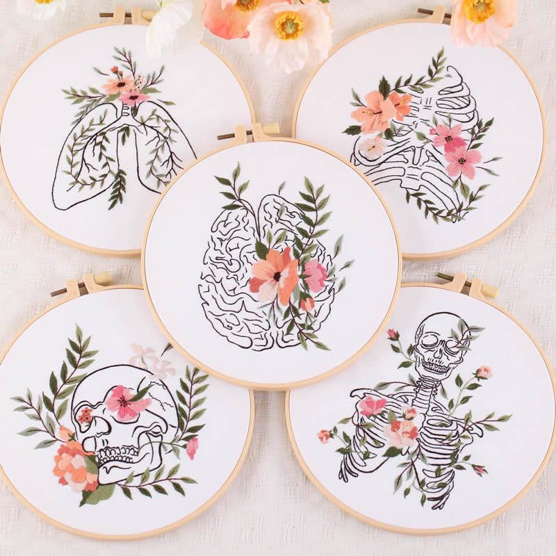 Yangshine 2 Sets Human Anatomy Embroidery Kit for Beginners,Flower with Skull Patterns Cross Stitch Kits,Including Embroidery Hoops, Fabric,Color Threads,Needles,Instructions and Tool Kit - color: Multicolor