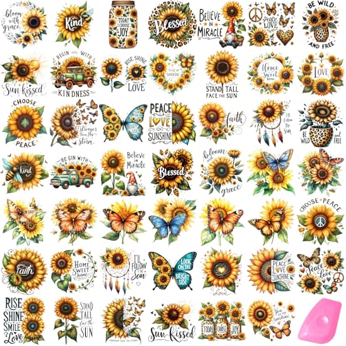 48 Sheets Rub on Transfers for Crafts and Furniture Rub on Transfer Stickers Decals for Wood,2.5 * 2.5inch (Sunflower) - style: Sunflower