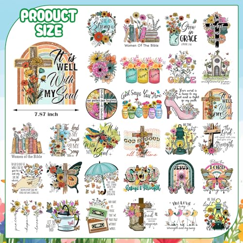 Estune 30 Pcs Christian Iron on Transfers DTF Ready to Press Bible Verses Heat Transfer Patches Vintage Boho Floral Iron on Decals for Women T Shirt Jacket Hat Pillow Covers Bags DIY Decorations - style: Christian