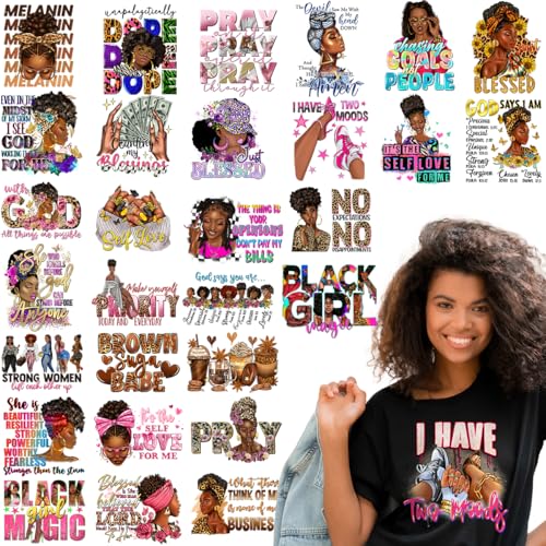 Kaciola 30 Sheets Black Girl DTF Transfers Ready to Press, Black Women Iron on Transfers for T Shirts Washable Stickers Iron on Decals for T Shirts Hoodie DIY Crafts - color: Black Girl