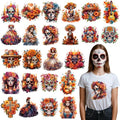 Dtf Transfers Ready to Press -24Pcs Day of The Dead Clipart Iron on Decals Day of The Dead Heat Transfer Mexican Culture Sugar Skull Clipart Vinyl Stickers for Clothing Pillows Bag DIY Crafts - color: Day of The Dead