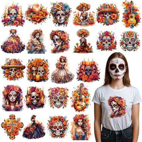 Dtf Transfers Ready to Press -24Pcs Day of The Dead Clipart Iron on Decals Day of The Dead Heat Transfer Mexican Culture Sugar Skull Clipart Vinyl Stickers for Clothing Pillows Bag DIY Crafts - color: Day of The Dead
