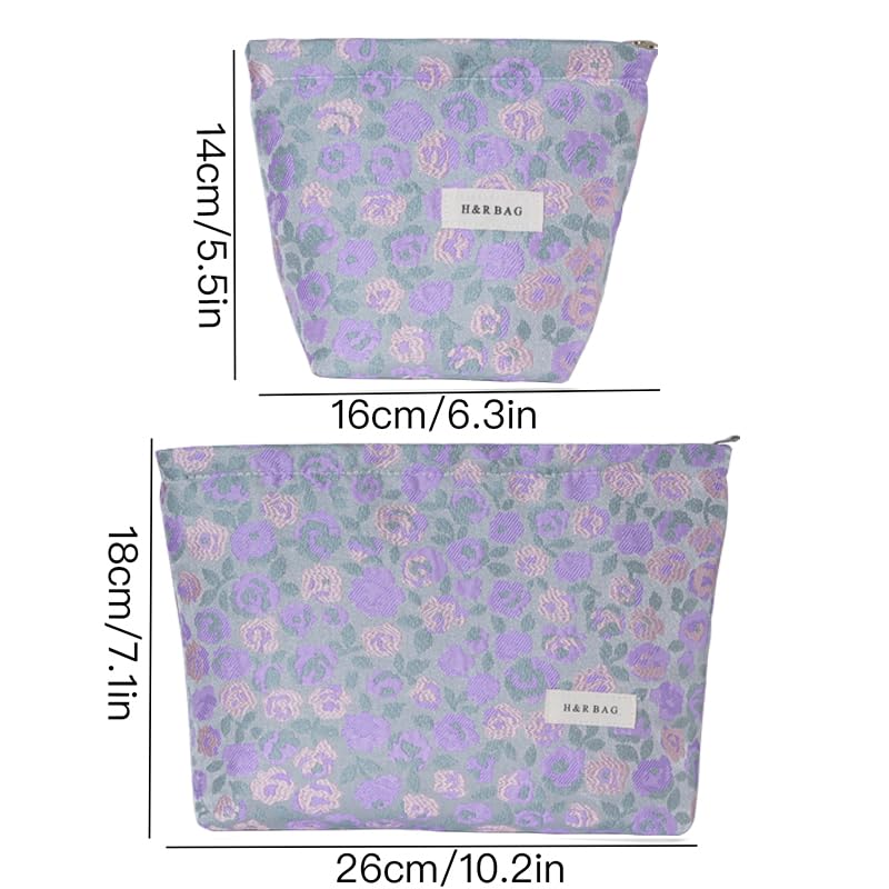 2 Pcs Embroidery Floral Makeup Bag Small Cosmetic Pouch Purse - color: Purple and Pink Flower