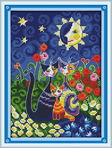Howie's Needlepoint Cross Stitch Kits, 11CT Pre-Printed Pattern Needlepoint Kits, Full Range of Stamped Starter Kits (Cats Under The Sun, 9.8 x 13.8 Inch) - color: Cats Under the Sun