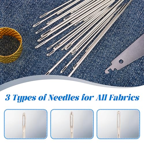 37Pcs Big Eye Steel Sewing Needles Kit, Stainless Steel Sewing Needles for Hand Sewing with Large Eye Needle Set, Sewing Kit Tools with Threader and Thimble for Mending Clothes and Repairs
