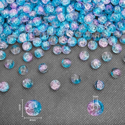 400PCs 4mm Blue Pink Crackle Glass Beads Bulk, Round Smooth Hole Glass Crystal Beads for Jewelry Making, DIY Bracelets, Necklaces, Bag Charms, Keychains and Craft Projects - color: Blue Pink Crackle, size: 4MM