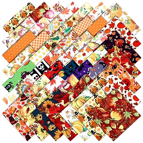 Irenare 100 Pcs 8 x 8 Inch Fall Fabric Squares Bundles Thanksgiving Fat Quarters Cotton Halloween Fabric by the Yard Cotton Quilting Maple Pumpkin Ghost Printed Sewing Patchwork for DIY Crafts - style: Skull